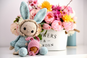 Hand made Easter decoration, flowers and crochet toy bunny