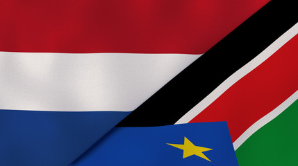 The flags of Netherlands and South Sudan. News, reportage, business background. 3d illustration