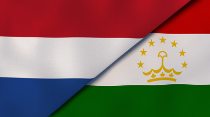 The flags of Netherlands and Tajikistan. News, reportage, business background. 3d illustration