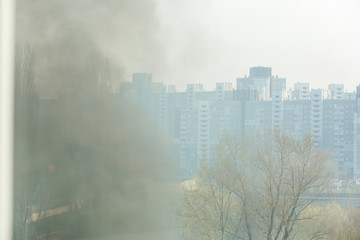 Wildfire near houses, view from the apartment window