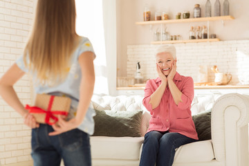 Little girl with gift behind her back and excited grandmother in living room