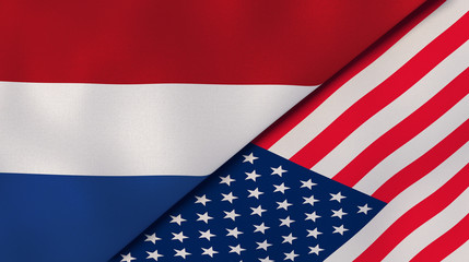 The flags of Netherlands and United States. News, reportage, business background. 3d illustration