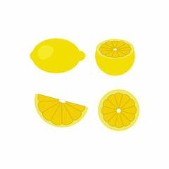 Vector flat illustration. Set of juicy bright lemons, cut up, a slice, a whole isolated on white. Design elements for textile, packaging , holiday packages, wrapping, scrapbooking, wallpaper, banner.