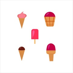Vector flat illustration. Set of ice cream with different tastes and topings. ice cream in a Cup, horn, Popsicle isolated on white. 