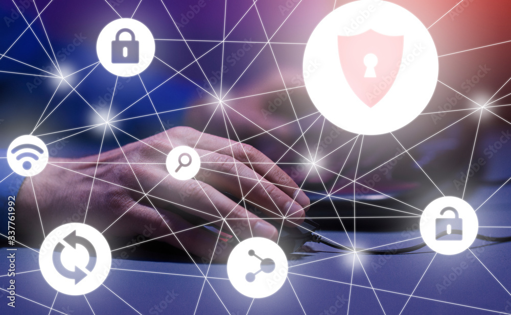 Poster Hacker attack and web security. Online scam and steal
