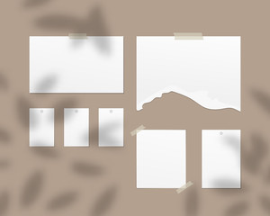 Mood board mockup. Empty sheets of white paper on the wall. Mood board with shadow overlay. Mockup vector isolated. Template design. Realistic vector illustration.