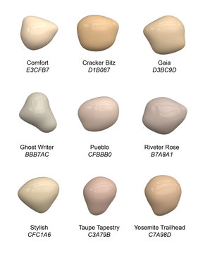 Set of handpicked beige paint tints - vector palette of drops of pastel sweet cream shades for cosmetic, interior or craft with names and Hex codes
