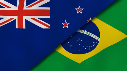 The flags of New Zealand and Brazil. News, reportage, business background. 3d illustration