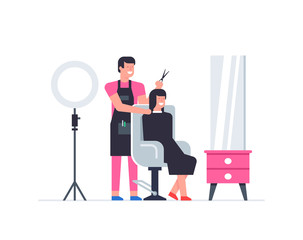 Hairdressing salon. man and woman in barbershop. Barber shop interior. Flat Style. isolated on white background