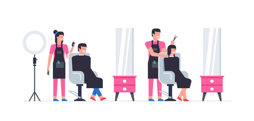 Hairdressing salon. man and woman in barbershop. Barber shop interior. Flat Style. isolated on white background