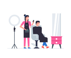 Hairdressing salon. man and woman in barbershop. Barber shop interior. Flat Style. isolated on white background