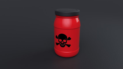 3D illustration. The medicine red bottle with a black skull isolated on a black background.