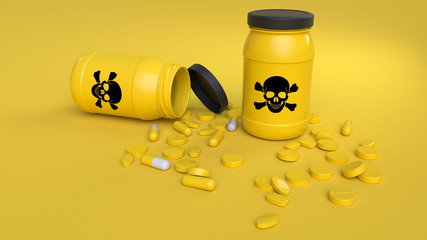 3D illustration. Yellow tablet capsules isolated on a yellow background. The medicine bottle with a black skull.