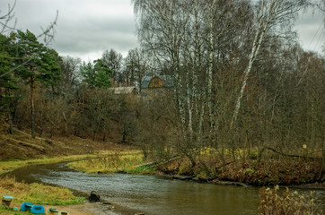 Obraz premium Bank of a small river in autumn, Moscow region