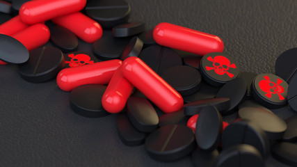 The handful of black tablets and red capsules with an image of a red skull on a black background, conceptual image. 3d render.