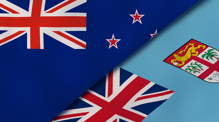 The flags of New Zealand and Fiji. News, reportage, business background. 3d illustration