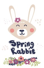 Spring card with a hare and flowers. vector illustration in flat style. bunny, rabbit, cartoon character.