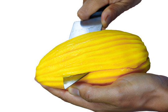 hand slicing yellow mango with knife on white background and copy space for text.