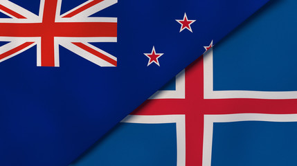 The flags of New Zealand and Iceland. News, reportage, business background. 3d illustration