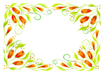 Rectangular frame of leaves and orange buds. Hand drawn illustration.