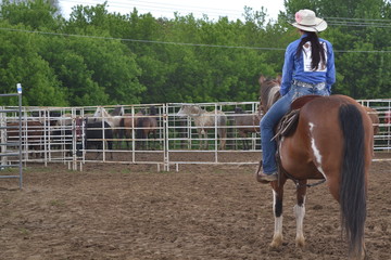 Cowgirl riding a horse in a rodeo looking out another horses.