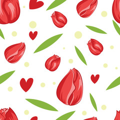 Fototapeta na wymiar Beauty Red Tulips Seamless Pattern Vector Illustration. White Background.