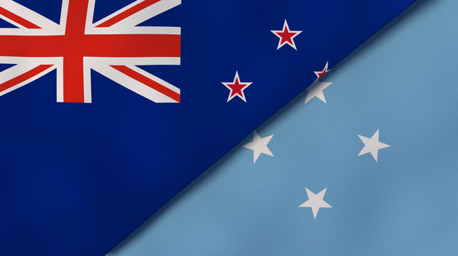 The flags of New Zealand and Micronesia. News, reportage, business background. 3d illustration