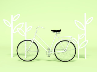 Fototapeta na wymiar White bicycle with tree shape decoration frame 3d rendering. 3d illustration ecological urban transport. Vintage bicycle on green background. Relax, travel, tourism, holiday template minimal concept.