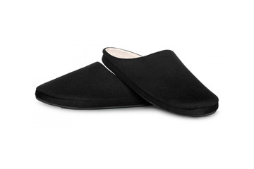 Pair of blank soft black home slippers, design mockup. Hotel bath slippers top view isolated on white background. Clear warm domestic sandal or sneakers. Bed shoes accessory footwear.