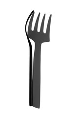 Black fork with a hard shadow on a bleached background top view.