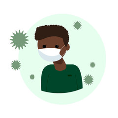 A young African American man wearing a medical protective mask against the corona virus