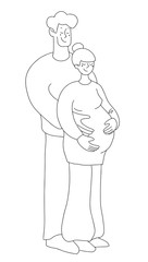 Pregnant woman. Birth partner. Happy fashion family couple hugs. Emotional support. black and white vector line style illustration