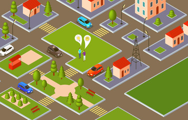 3d rendering, isometric little town illustration, for website header background, city with red roof houses and cars,