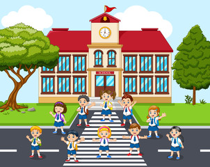 Obraz na płótnie Canvas Students cartoon in front of school