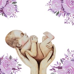 Newborn in the mother's hands, purple roses. Gift card baby . For greeting cards, baby shower invitation, birthday and mothers day cards. Watercolor botanical illustration on white background.