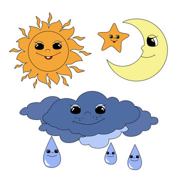 The lovely sun, moon, asterisk and thundercloud are smiling happily. A set of celestial objects. Vector illustration for children's books, designs and prints.