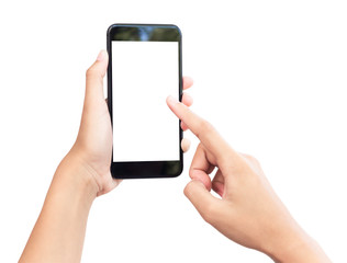 Obraz na płótnie Canvas Hand holding mobile smart phone with blank screen. Isolated white background and clipping path.