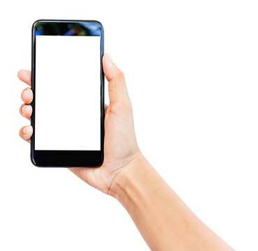 Hand holding mobile smart phone with blank screen. Isolated  white  background and clipping path.