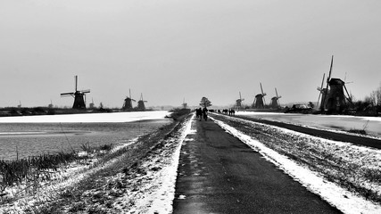 Kinderdijk, Netherlands. Black and white panoramic view of Dutch polders with windmills in the...
