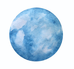 Watercolor blue planet. The planet consists of water and ice. Fantastic space object isolated on white background for design.
