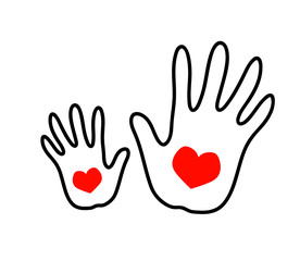 Hand of a grown-up and a hand of a child on a white background. Vector illustration.