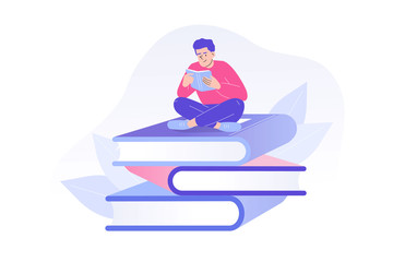 Young man or boy reading a book sitting on huge books. Studying or preparing for examinations. Literature fans or lovers concept. Book festival, fair or students education. Vector illustration