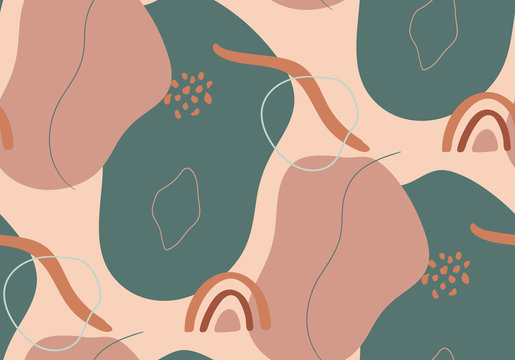 Terra Modern abstract shapes and lines seamless pattern background in trendy earthy hues, rainbow. Vector Illustration