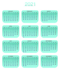 Design calendar 2021 year in trendy colorful style. Stationery planner template. Vector illustration. Week starts on Monday. Set of 12 months.