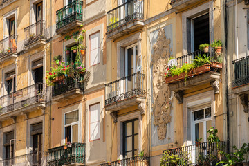 Fototapeta na wymiar Detail of Beautiful Facade Building Architecture In City Of Barcelona, Spain