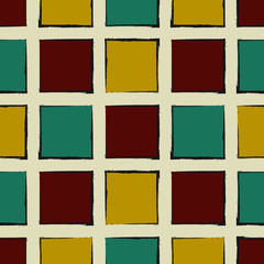 Square Tile Seamless Pattern in Dark Teal, Maroon, Mustard Yellow