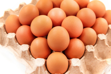 Chicken eggs on a white background in an organic box