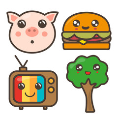 Set of funny pictures: pig, hamburger, TV, tree. Kawaii illustration.