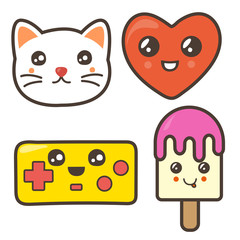 Set of funny pictures: cat, heart, controller, ice cream. Kawaii illustration.