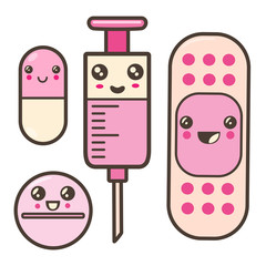 Set of funny medicine pictures: syringe, tablet, pill, patch. Kawaii illustration.